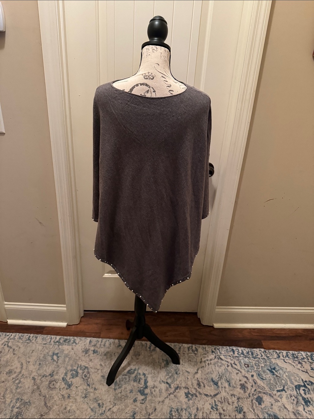 Soft Cotton With Beads and Pearls On The HemLightweight Gray Poncho Sweater